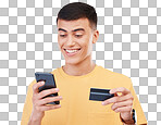 Phone, smile and man with credit card for online shopping, fintech payment and internet banking. Happy customer on mobile, plastic money and financial sales isolated on a transparent png background