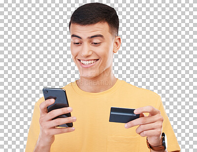 Buy stock photo Phone, smile and man with credit card for online shopping, fintech payment and internet banking. Happy customer on mobile, plastic money and financial sales isolated on a transparent png background