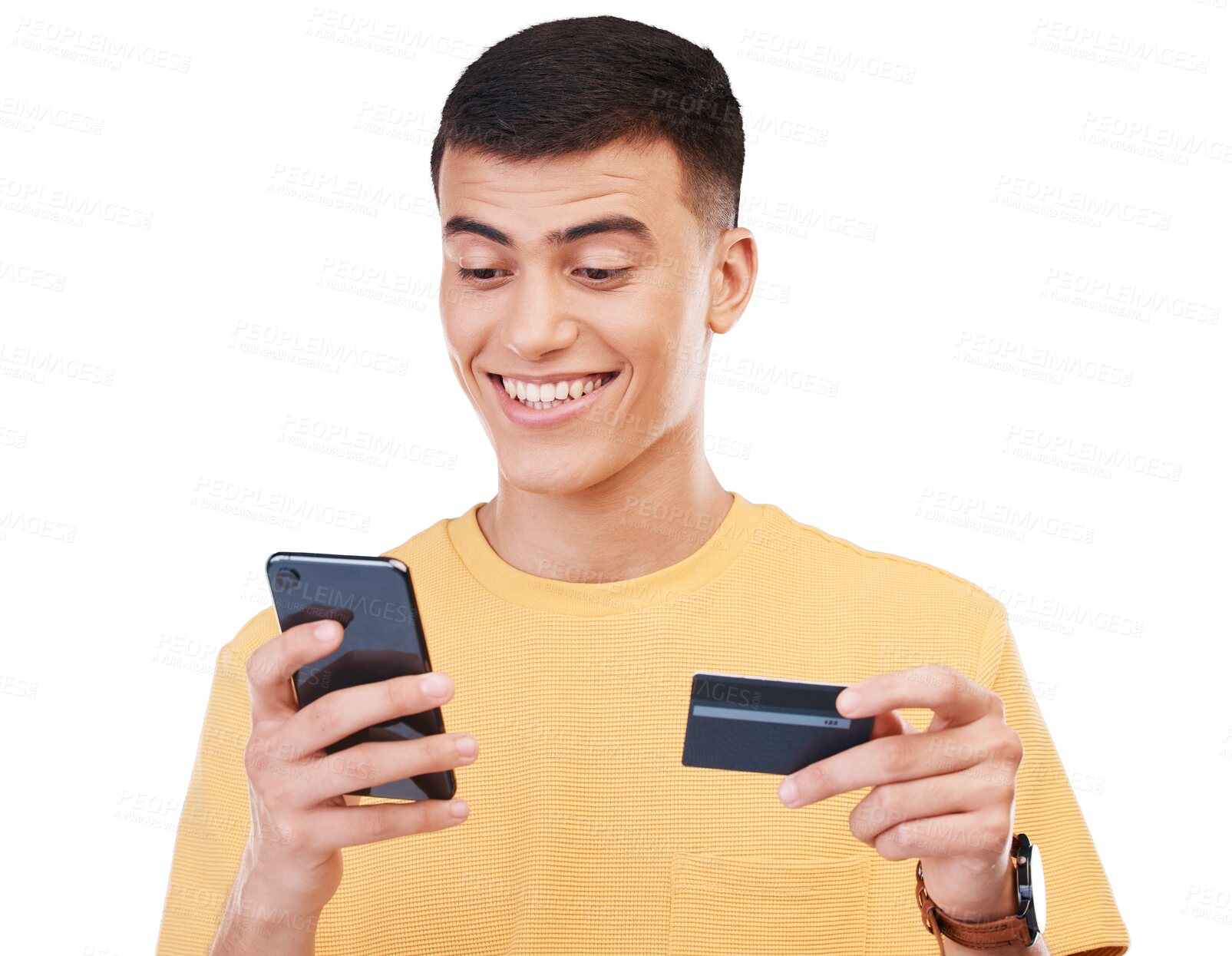 Buy stock photo Phone, smile and man with credit card for online shopping, fintech payment and internet banking. Happy customer on mobile, plastic money and financial sales isolated on a transparent png background