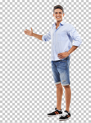 Buy stock photo Portrait, fashion and man with a smile, presentation and cheerful guy isolated on a transparent background. Full body, person or model showing, casual outfit or support with png, welcome or promotion