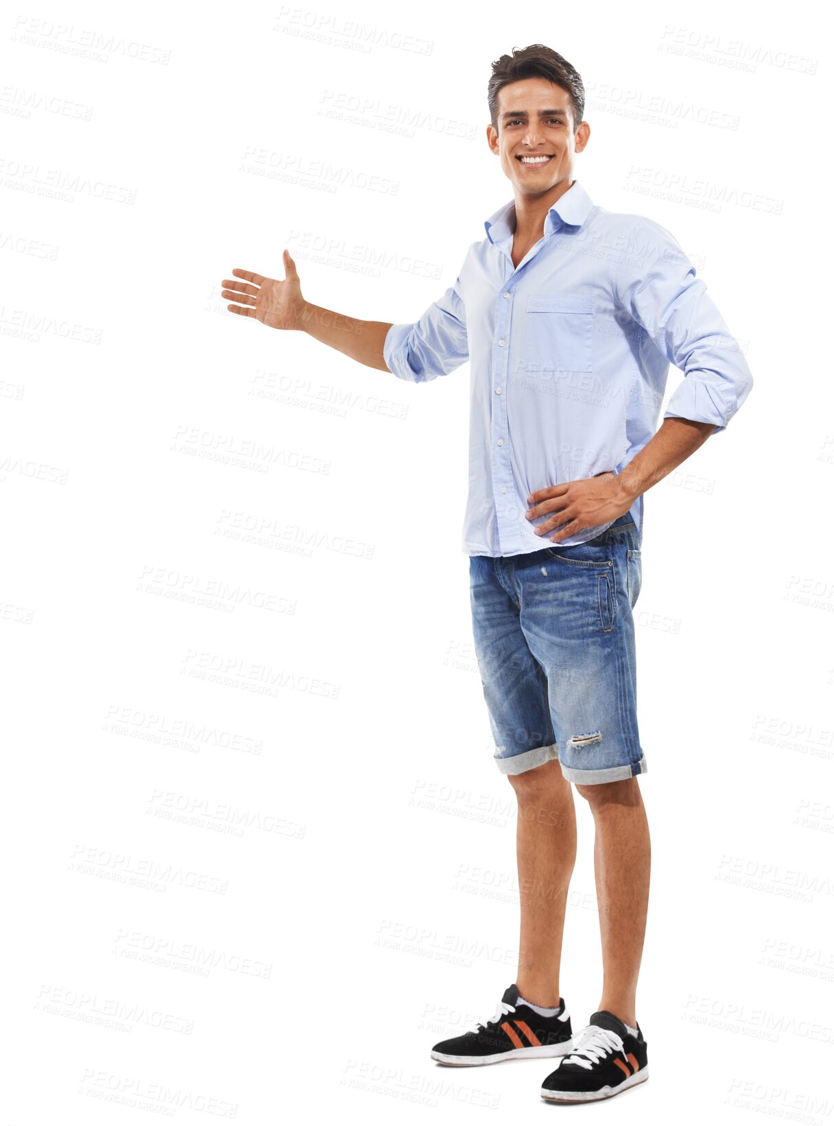 Buy stock photo Portrait, fashion and man with a smile, presentation and cheerful guy isolated on a transparent background. Full body, person or model showing, casual outfit or support with png, welcome or promotion