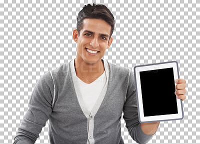 Buy stock photo Portrait, screen and man with a tablet, smile and connection isolated on a transparent background. Face, person and model with technology, presentation and showing with png, internet and website info