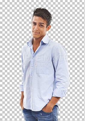 Buy stock photo Man, smile with confidence in portrait and fashion, hands in pocket isolated on png transparent background. Casual clothes, Mexican model in blue jeans and shirt, style and positive attitude