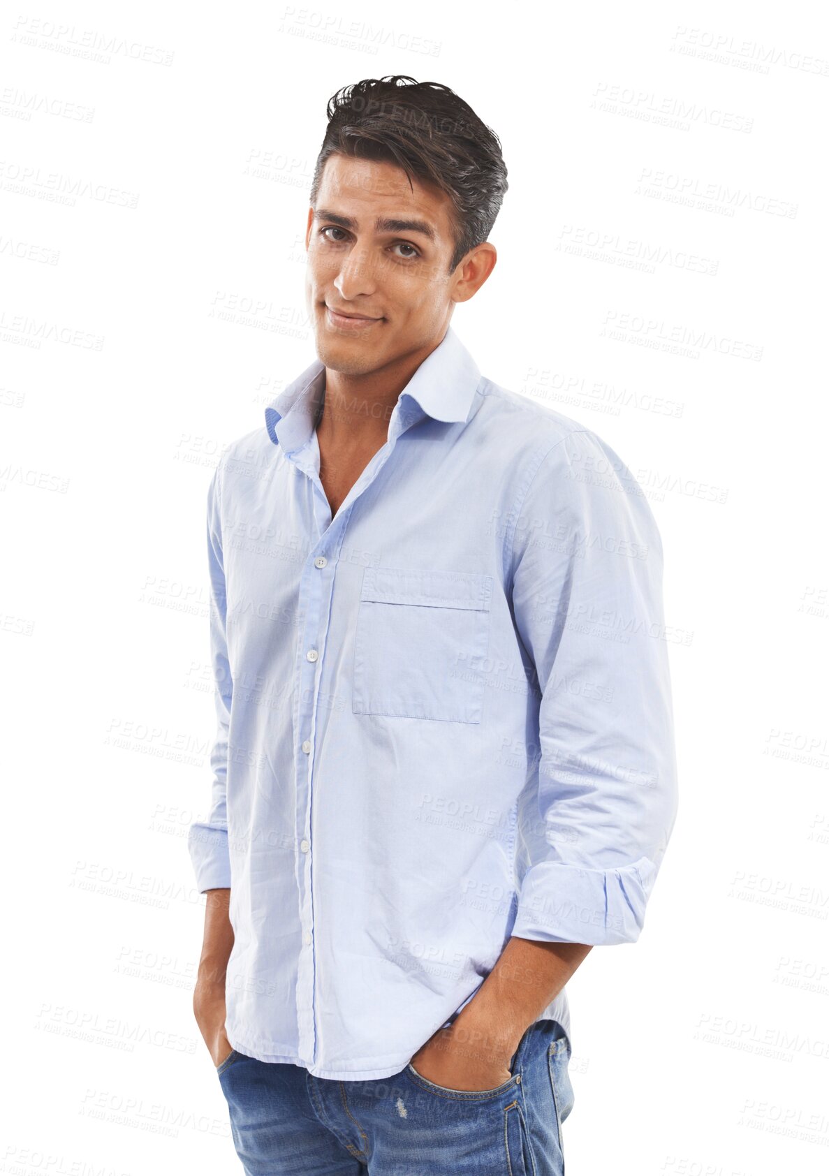 Buy stock photo Man, smile with confidence in portrait and fashion, hands in pocket isolated on png transparent background. Casual clothes, Mexican model in blue jeans and shirt, style and positive attitude