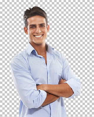 Buy stock photo Portrait, smile and man with arms crossed, career and employee isolated on a transparent background. Face, person and model with happiness, ambition and proud entrepreneur with cheerful guy and png