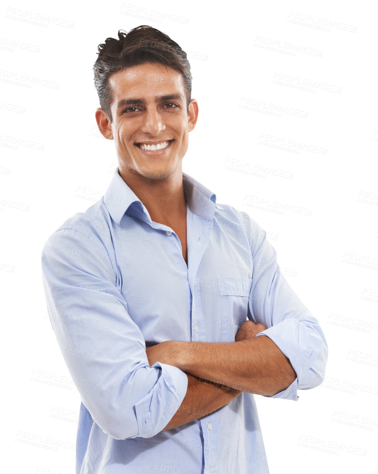 Buy stock photo Portrait, smile and man with arms crossed, career and employee isolated on a transparent background. Face, person and model with happiness, ambition and proud entrepreneur with cheerful guy and png