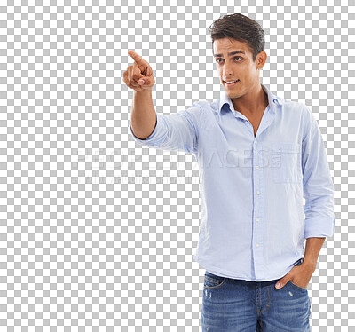 Buy stock photo Pointing, man and announcement with promotion, presentation and decision on a transparent background. Person, happy guy and model with hand gesture, choice and png with feedback, review and direction