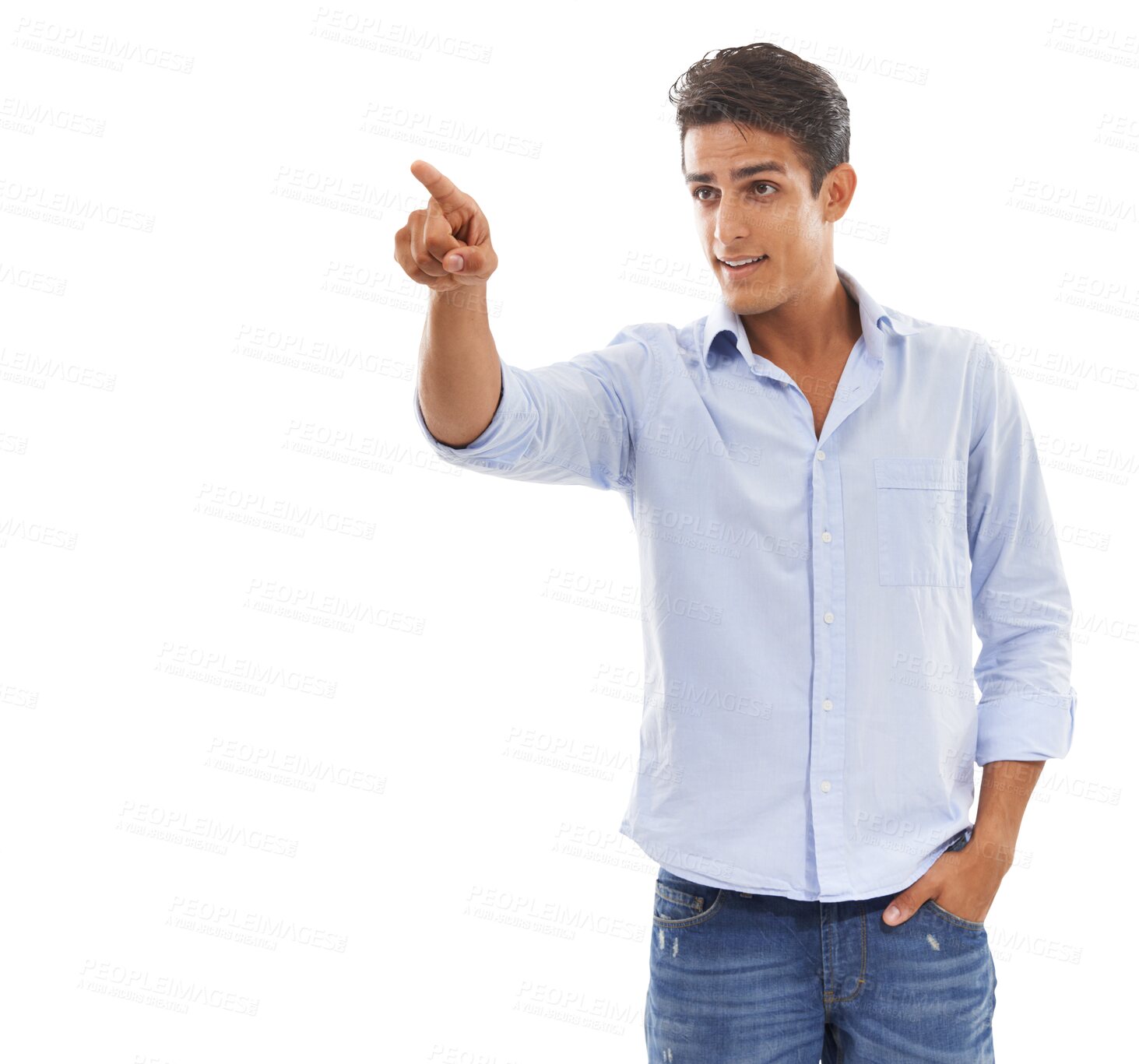 Buy stock photo Pointing, man and announcement with promotion, presentation and decision on a transparent background. Person, happy guy and model with hand gesture, choice and png with feedback, review and direction