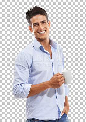 Buy stock photo Portrait, happy and coffee with a man in a shirt isolated on a transparent background for a morning drink. Tea, smile and a confident young person drinking a fresh beverage for caffeine on PNG