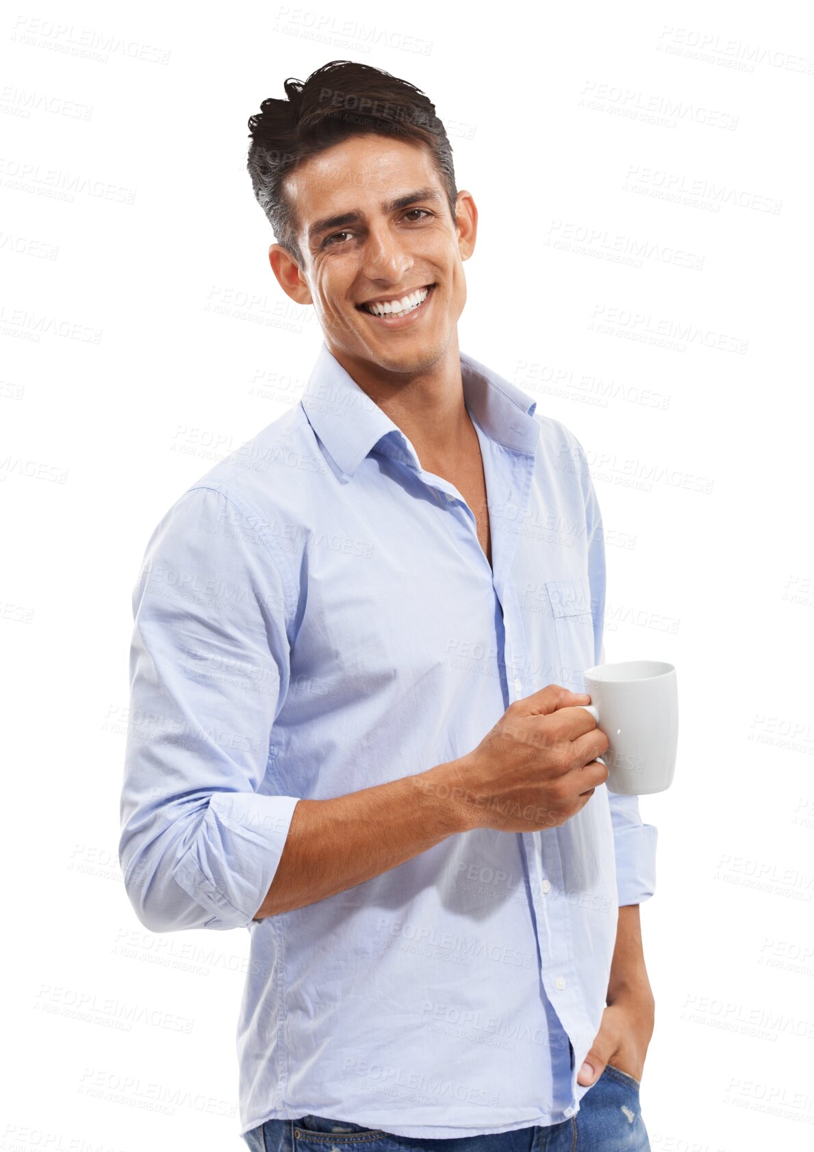 Buy stock photo Portrait, happy and coffee with a man in a shirt isolated on a transparent background for a morning drink. Tea, smile and a confident young person drinking a fresh beverage for caffeine on PNG