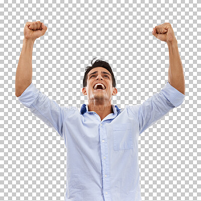 Buy stock photo Wow, news and business man in studio with winner, fist or celebration on isolated, transparent or png background. Work, success and guy manager excited for job promotion,  opportunity or startup loan