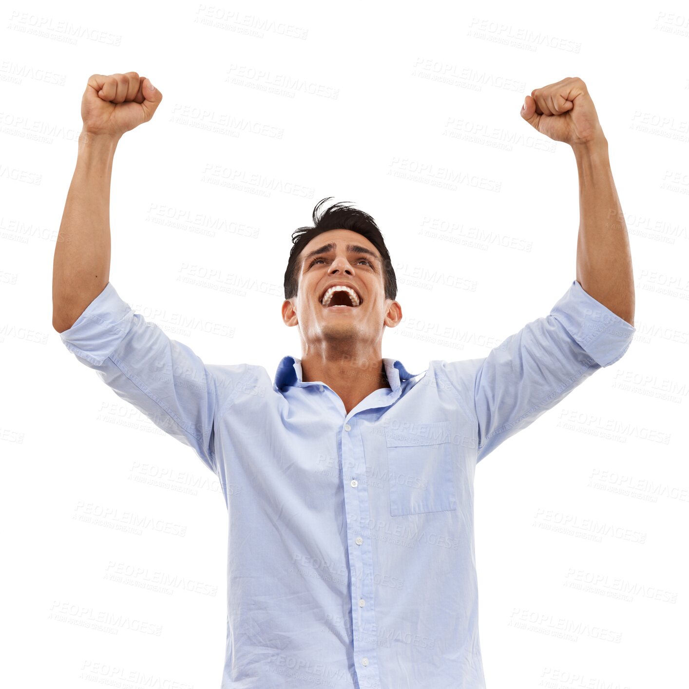 Buy stock photo Wow, news and business man in studio with winner, fist or celebration on isolated, transparent or png background. Work, success and guy manager excited for job promotion,  opportunity or startup loan