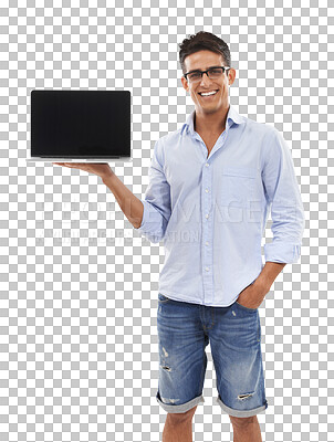 Buy stock photo Portrait, screen or man with a laptop, smile or presentation isolated on transparent background. Person, employee or model with a pc, promotion or connection with internet, png or website information