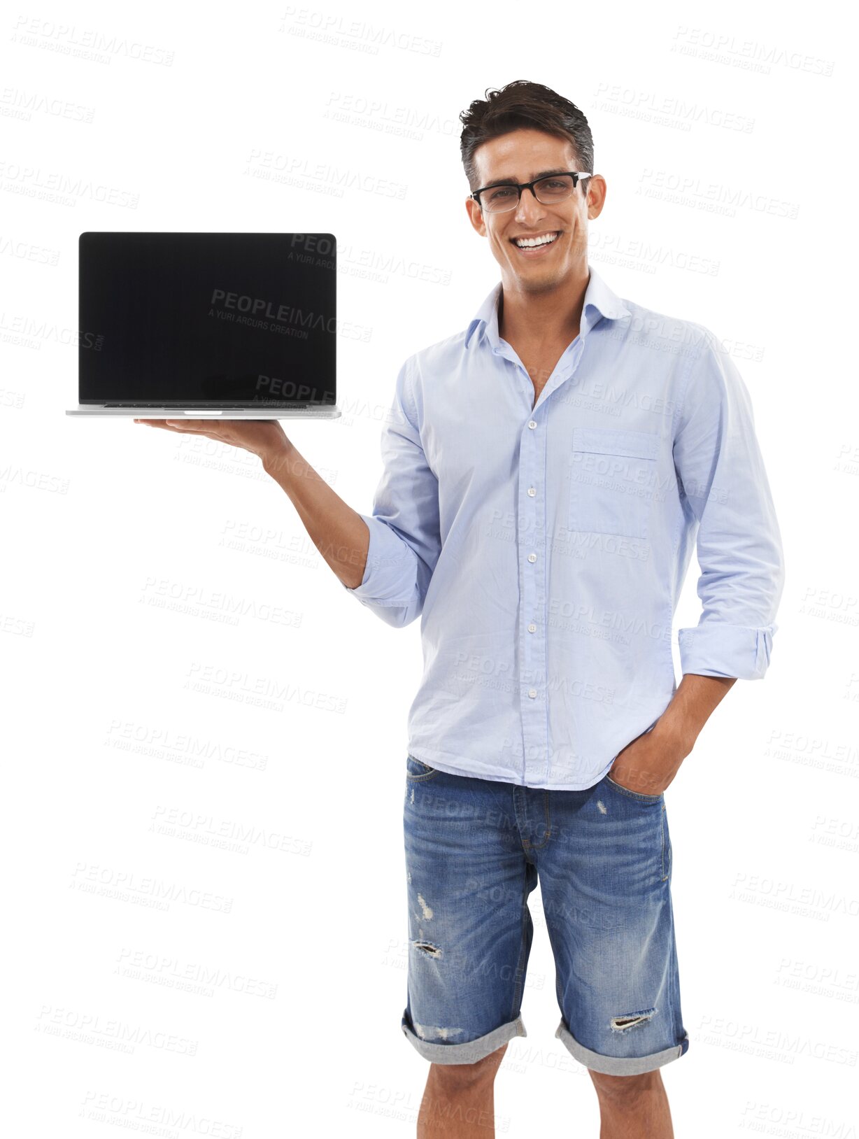 Buy stock photo Portrait, screen or man with a laptop, smile or presentation isolated on transparent background. Person, employee or model with a pc, promotion or connection with internet, png or website information