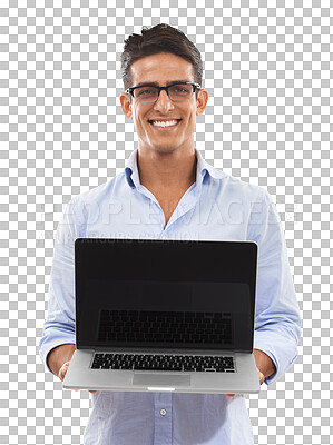 Buy stock photo Portrait, laptop and display with an IT support man isolated on transparent background for coding or programming. Computer, screen and smile with a happy young network professional on PNG for repair