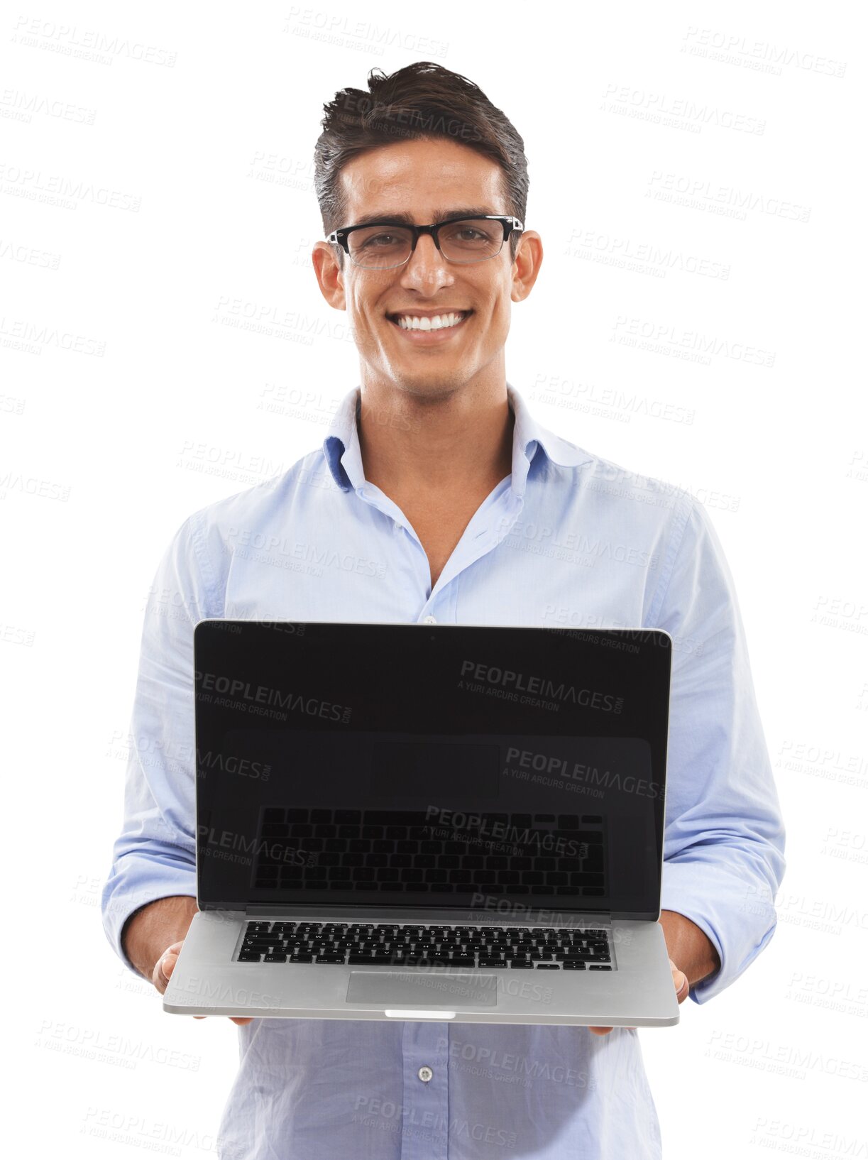 Buy stock photo Portrait, laptop and display with an IT support man isolated on transparent background for coding or programming. Computer, screen and smile with a happy young network professional on PNG for repair