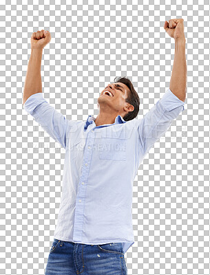 Buy stock photo Wow, celebration and business man in studio with winner, fist or news on isolated, transparent or png background. Work, success and guy manager excited for job promotion,  opportunity or startup loan