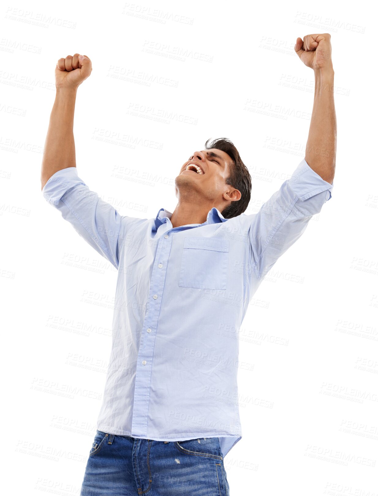 Buy stock photo Wow, celebration and business man in studio with winner, fist or news on isolated, transparent or png background. Work, success and guy manager excited for job promotion,  opportunity or startup loan