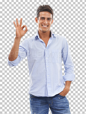 Buy stock photo Ok, happy and portrait of a man with a sign for perfect, success and feedback isolated on a transparent png background. Smile, opinion and a businessman or person with an emoji icon for positivity