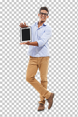 Buy stock photo Man, tablet screen and portrait with mockup for isolated on a transparent png background, marketing and technology. Businessman, digital and business for advertising, smile and casual for success