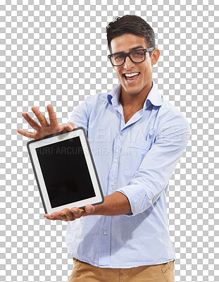 Buy stock photo Portrait, tablet and display with a man excited while isolated on a transparent background for marketing. Technology, smile and screen with a young person showing space for advertising on PNG