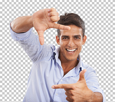 Buy stock photo Portrait, hands frame and happy man, photographer and selfie for profile picture. Face, finger border and creative person smile with perspective gesture isolated on a transparent png background.