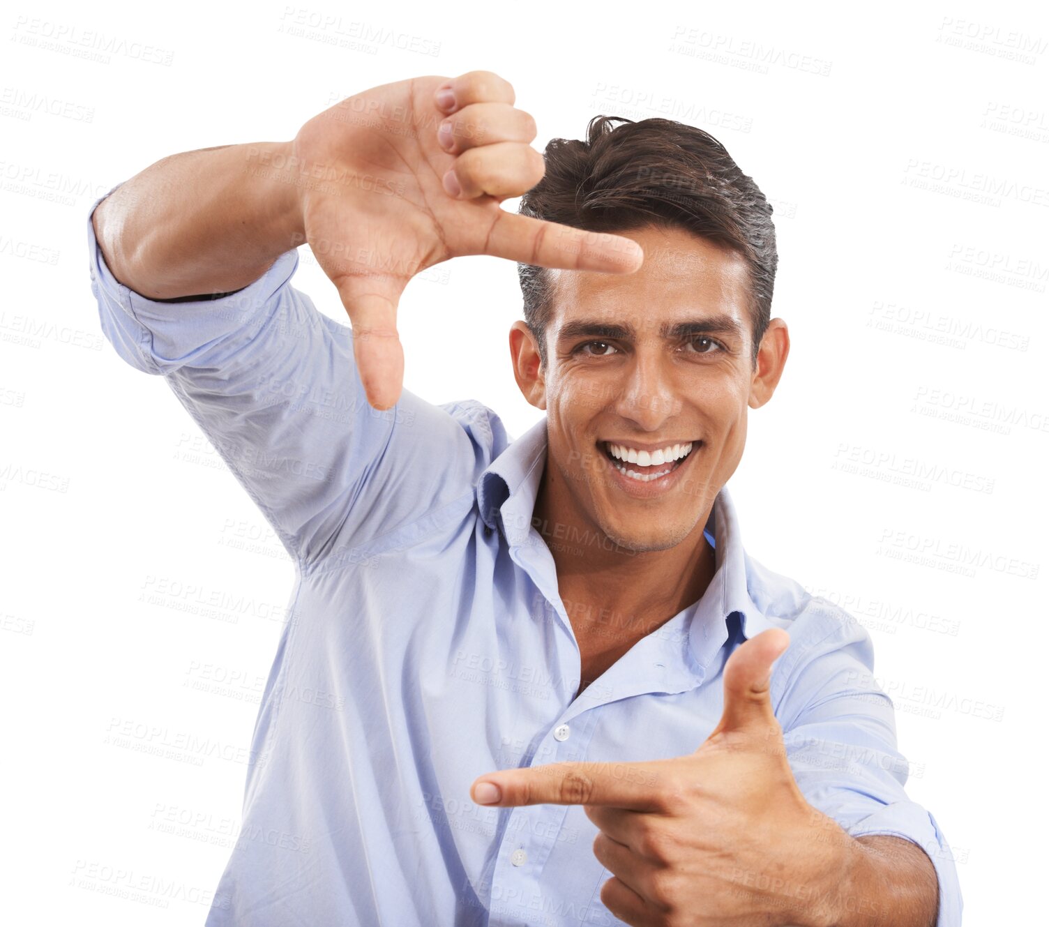 Buy stock photo Portrait, hands frame and happy man, photographer and selfie for profile picture. Face, finger border and creative person smile with perspective gesture isolated on a transparent png background.