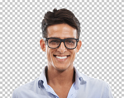 Buy stock photo Handsome, happy and portrait of a businessman with glasses for a corporate career. Smile, vision and a person with eyewear for optometry exam or work isolated on a transparent png background