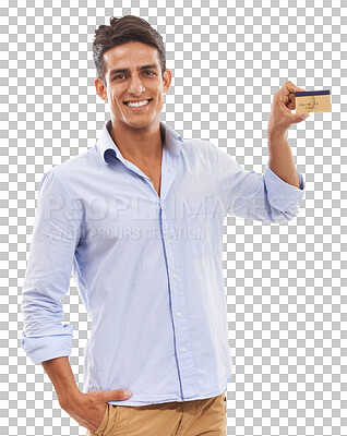 Buy stock photo Smile, happy man and holding credit card in hand for savings, financial freedom and investment isolated on png transparent background. Portrait, person and banking for profit or income in studio