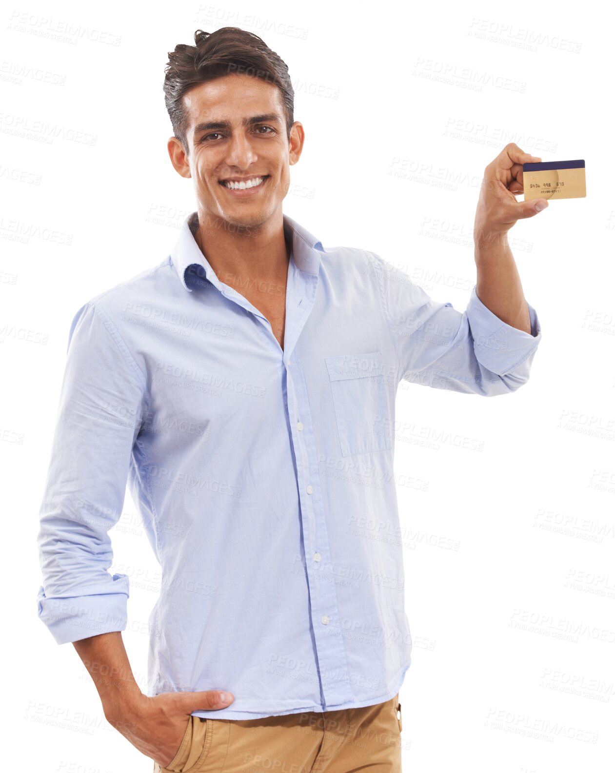 Buy stock photo Smile, happy man and holding credit card in hand for savings, financial freedom and investment isolated on png transparent background. Portrait, person and banking for profit or income in studio