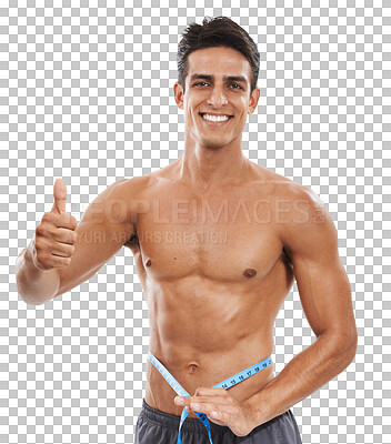 Buy stock photo Portrait, thumbs up and tape measure with a shirtless man isolated on a transparent background for motivation. Smile, diet or weightloss with a happy young sports athlete measuring his waist on PNG