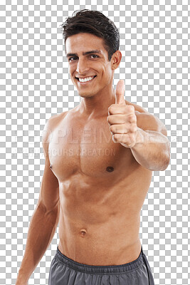 Buy stock photo Happy man, portrait and fitness with thumbs up in success isolated on a transparent PNG background. Male person smile with like emoji, yes sign or OK for body building, sports exercise or lose weight