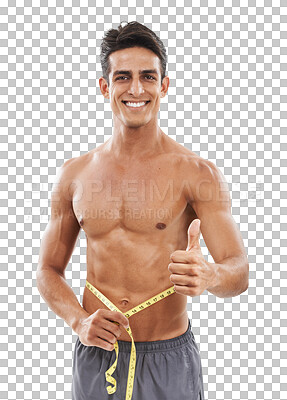 Buy stock photo Portrait, thumbs up and tape measure with the body of a man isolated on a transparent background for motivation. Smile, diet or weightloss with a happy shirtless athlete measuring his waist on PNG