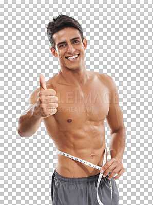 Buy stock photo Isolated man, measuring tape and thumbs up in portrait to lose weight, health or smile by transparent png background. Bodybuilder, sign language and pride with emoji for results, progress or wellness