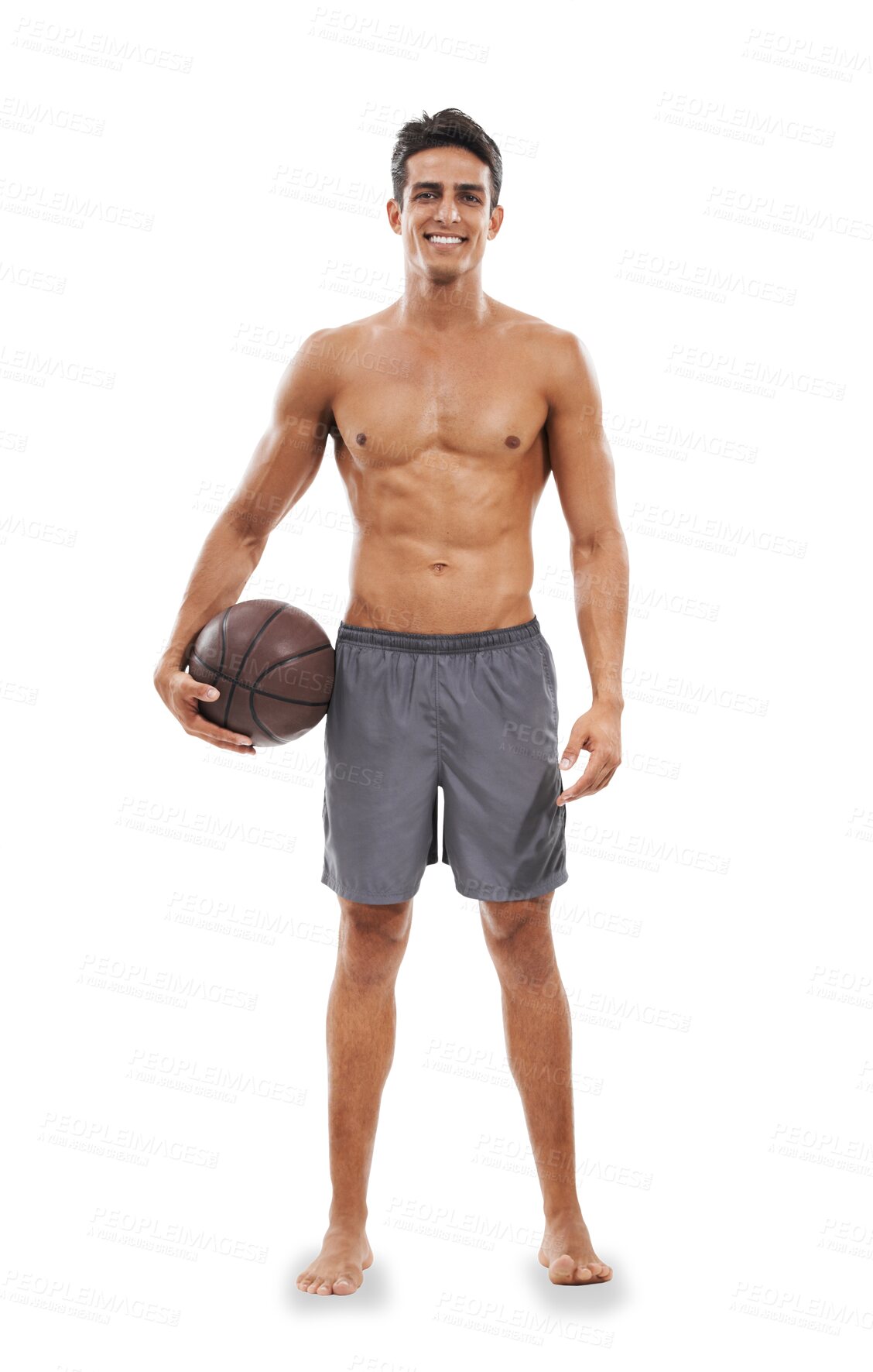 Buy stock photo Shirtless athlete, basketball and portrait of man for fitness, exercise and health with body for gym. Sportsman, smile and training with satisfaction and isolated on transparent png background