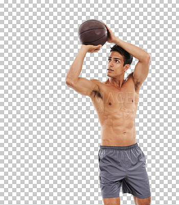 Buy stock photo Fitness, basketball and a sports man shooting a shot isolated on a transparent background for training. Exercise, health and the body of a shirtless young athlete on PNG to aim or score with a ball