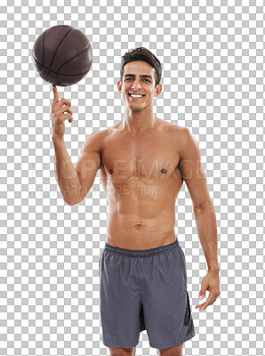 Buy stock photo Portrait, fitness and basketball with a sports man isolated on a transparent background for training. Exercise, health and the body of a shirtless young athlete spinning a ball on PNG for balance