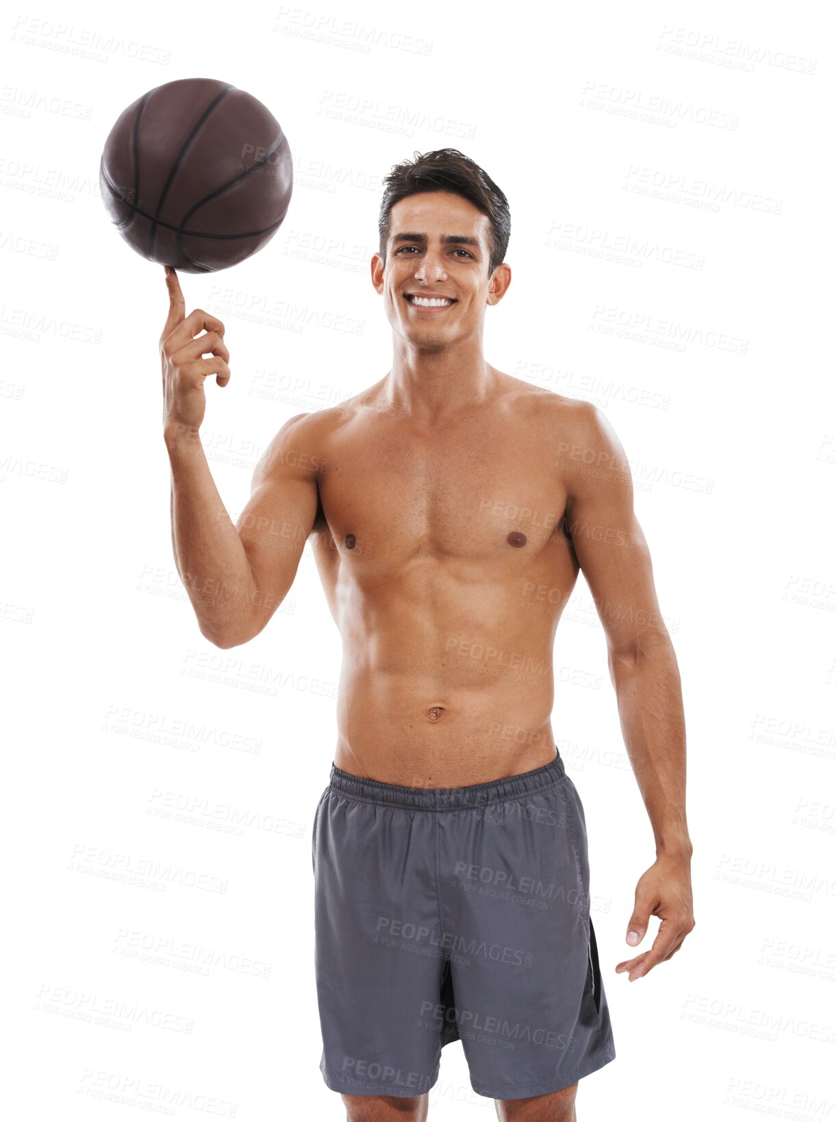 Buy stock photo Portrait, fitness and basketball with a sports man isolated on a transparent background for training. Exercise, health and the body of a shirtless young athlete spinning a ball on PNG for balance