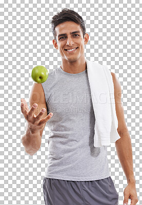 Buy stock photo Happy man, portrait and apple in fitness, diet or lose weight isolated on a transparent PNG background. Male person smile with natural organic fruit in healthy wellness, workout exercise or nutrition