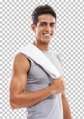 Buy stock photo Fitness, man with towel in portrait and exercise in the gym with bodybuilder isolated on png transparent background. Muscle, strong and wellness, workout and training for health with Mexican athlete