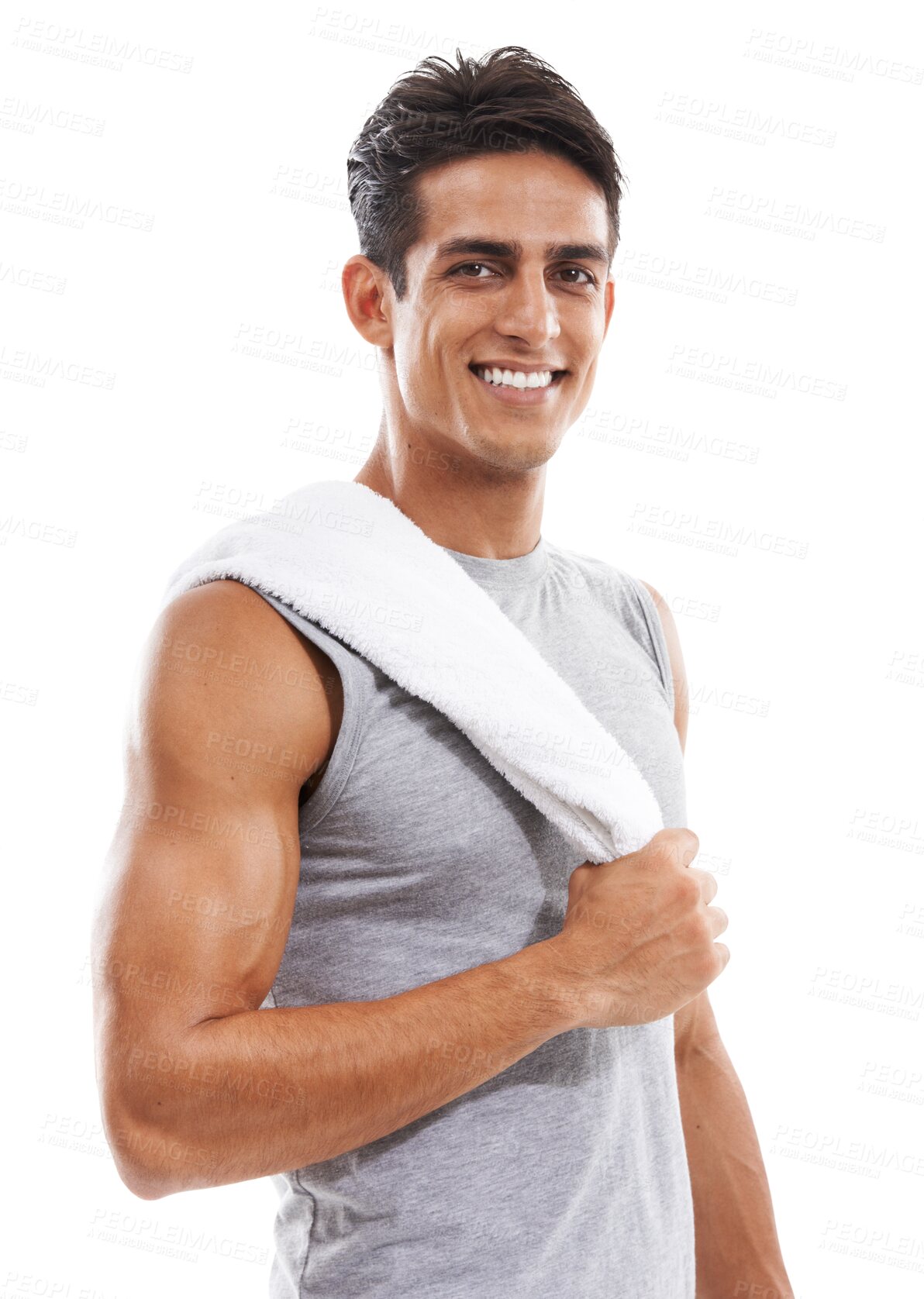 Buy stock photo Fitness, man with towel in portrait and exercise in the gym with bodybuilder isolated on png transparent background. Muscle, strong and wellness, workout and training for health with Mexican athlete