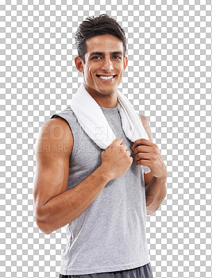 Buy stock photo Portrait, smile and man with fitness, towel on the neck or sports isolated on a transparent background. Person, athlete or model with sweat, tired or fatigue with exercise, workout or png with health