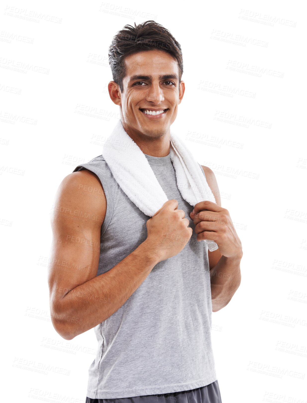 Buy stock photo Portrait, smile and man with fitness, towel on the neck or sports isolated on a transparent background. Person, athlete or model with sweat, tired or fatigue with exercise, workout or png with health