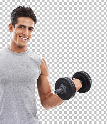 Buy stock photo Isolated man, dumbbell and portrait for workout, training or wellness for muscle by transparent png background. Fitness, Indian bodybuilder and weightlifting for performance, exercise or healthy body