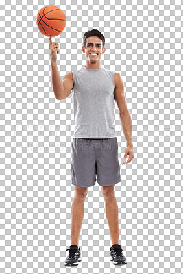 Buy stock photo Portrait, exercise and basketball with a sports man isolated on a transparent background for training. Fitness, health and smile with a happy young athlete spinning a ball on PNG for balance