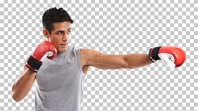 Buy stock photo Isolated boxer man, punch and fitness with power, training and performance for fight by transparent png background. Martial arts, mma expert or athlete with gloves, exercise and profile for contest