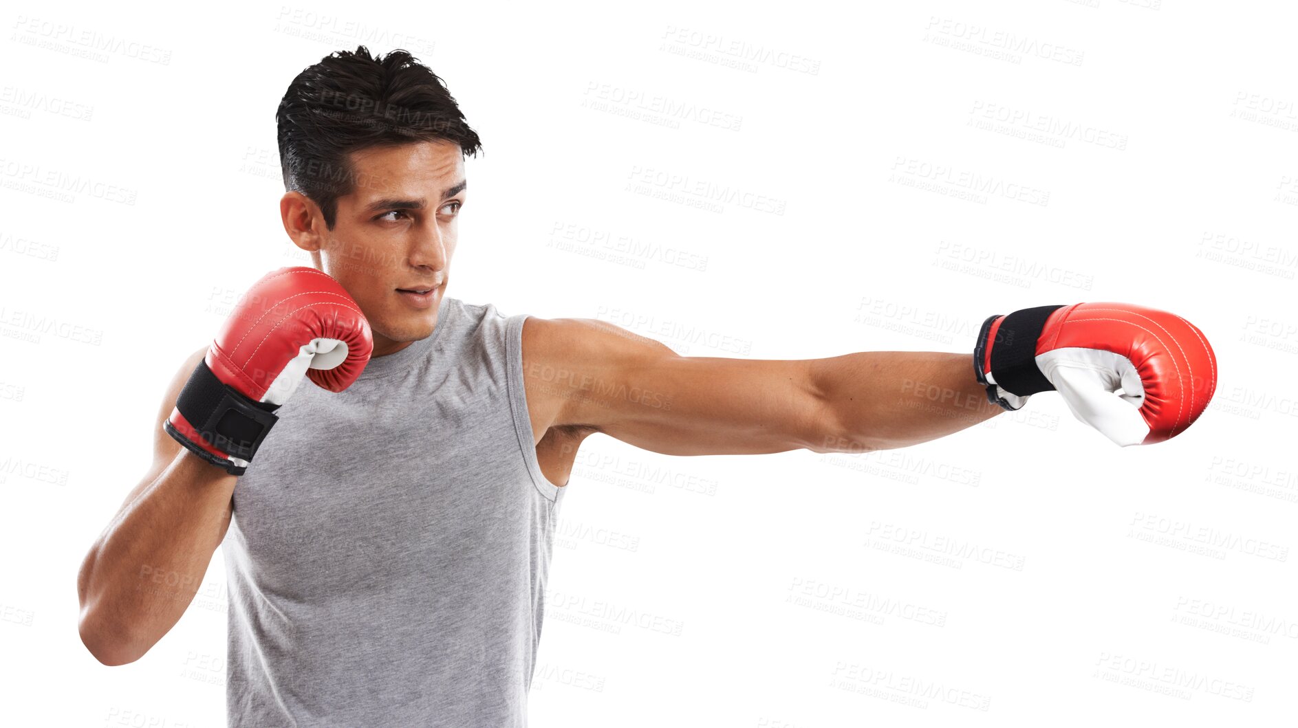 Buy stock photo Isolated boxer man, punch and fitness with power, training and performance for fight by transparent png background. Martial arts, mma expert or athlete with gloves, exercise and profile for contest