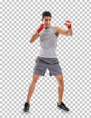 Buy stock photo Fitness, man and mma fighter boxing for training, exercise or workout isolated on transparent png background. Sports, person and performance for wellness, martial arts and body in studio at gym club