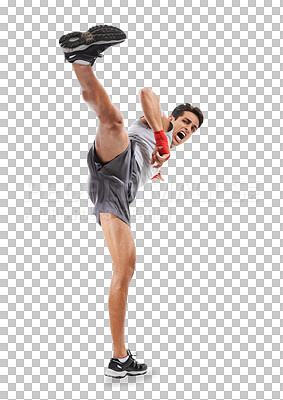 Buy stock photo Fitness, man and kickboxing with power and strength for training, exercise or workout isolated on transparent png background. Taekwondo, person and strong for wellness, martial arts and abs in studio