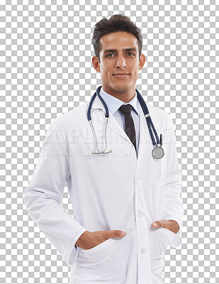 Buy stock photo Doctor in portrait, healthcare man and medicine, cardiology surgeon with stethoscope isolated on png transparent background. Confidence, future and expert medical professional in Mexico for health